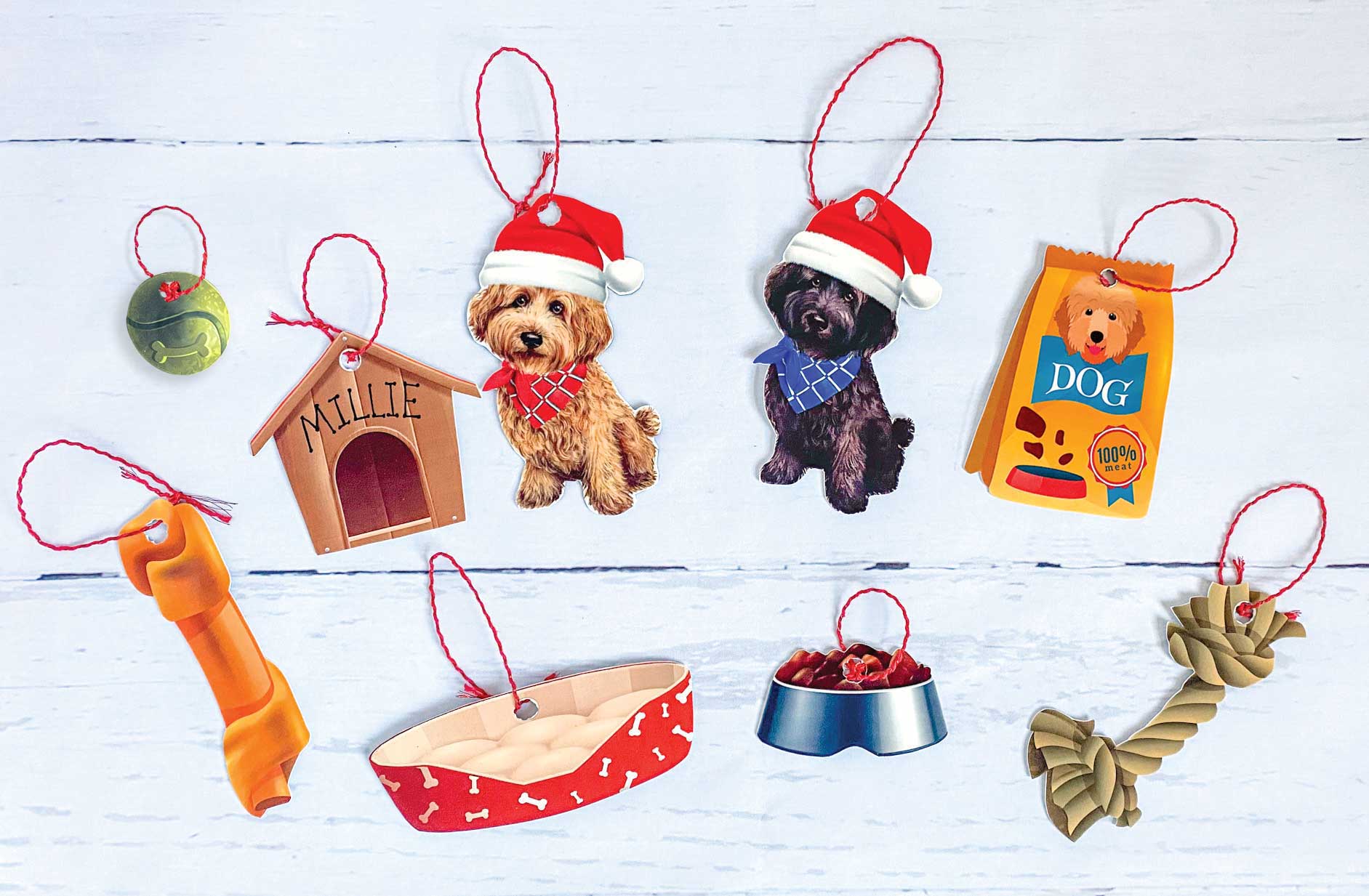 nine finished DIY doodle dog ornaments