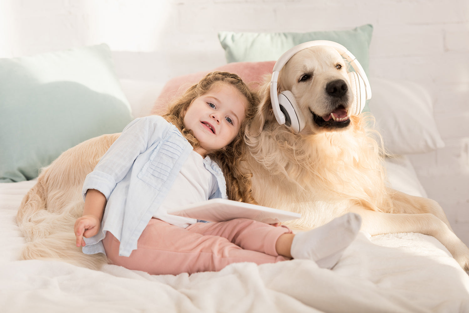 little girl in pink pants lying on bed next to golden retriever dog wearing headphones