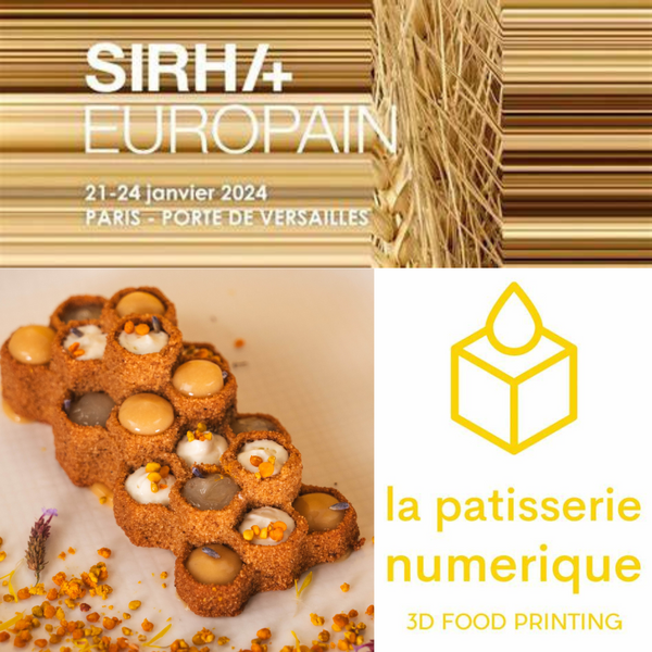 affiche du Sirha 2024 avec le logo de la Pâtisserie Numérique en jaune et la photo d'une pâtisserie sur fond orangé