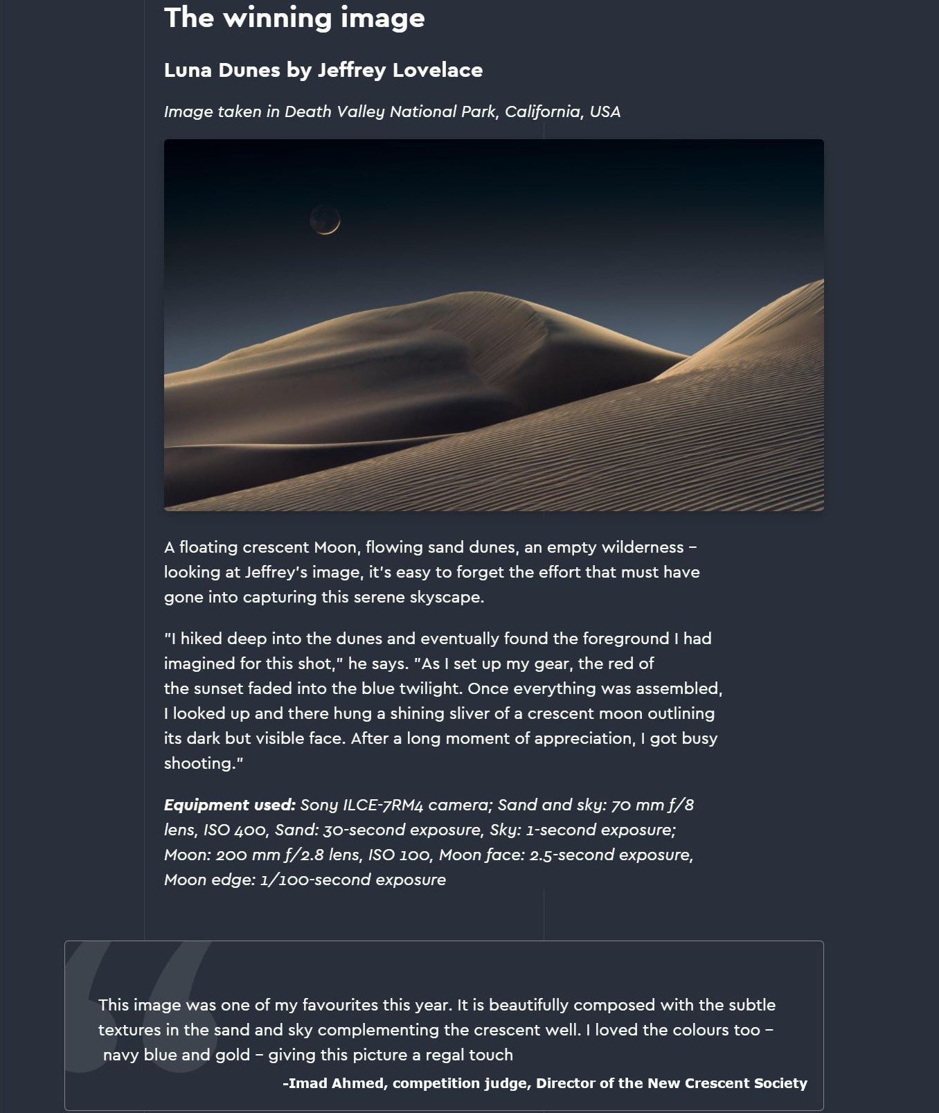 Royal Museums Greenwich Astronomy Photographer of the Year 2021 webpage excerpt for Luna Dunes