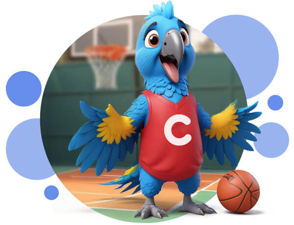 Blue Parrot playing basketball