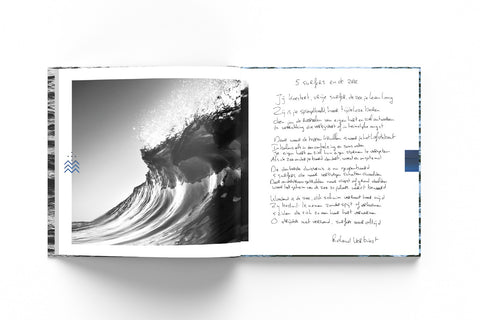 Mockup of the memorial book with a photograph of a breaking wave and a poem.