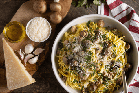 Creamy egg tagliolini pasta with mushrooms