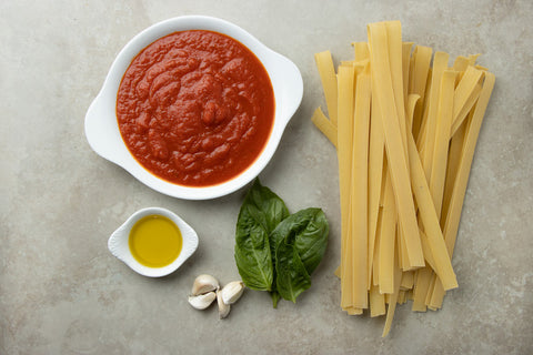 Ingredients to make a Pappardelle Pasta with Roasted Cherry Tomato Sauce
