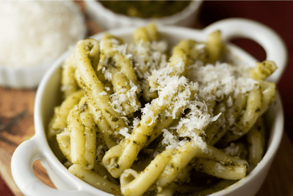 Torcetti pasta with genovese basil pesto sauce and cheese
