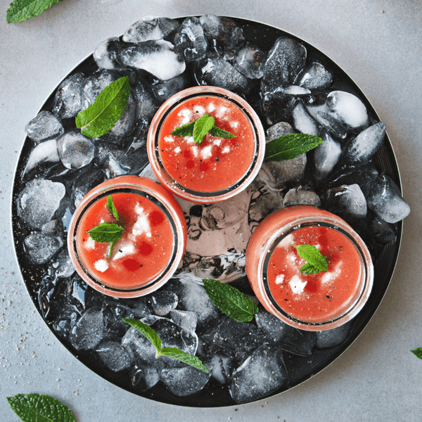 This authentic gazpacho soup is ideal for the scorching summer. This specific gazpacho is a watermelon gazpacho created by our team and served in glasses as the gazpacho soup is very smooth that it can be served as a drink.