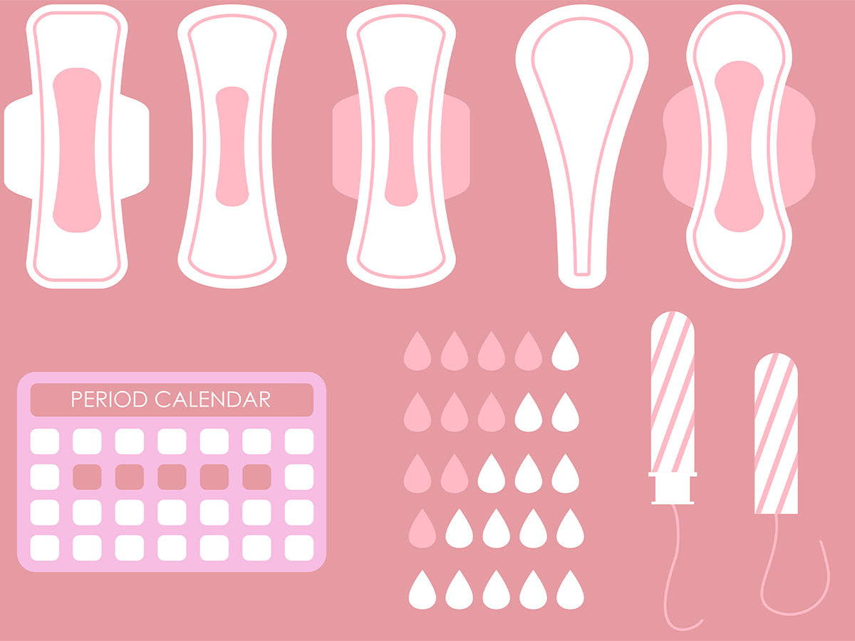 Pink graphic showing different sizes of sanitary pads along with a period calendar and droplets.