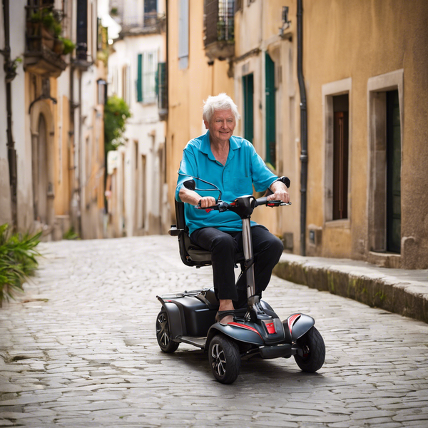 A gentleman driving a travel mobility scooter down a street in southern Europe
