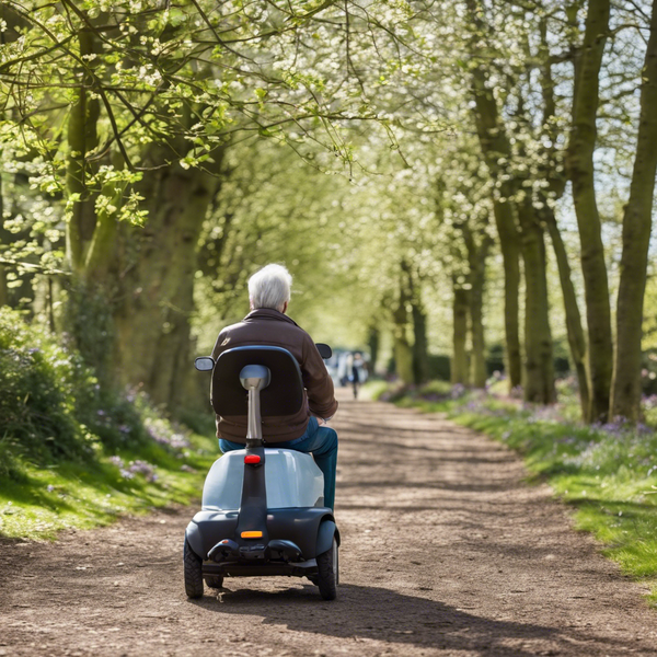 A person on a mobility scooter navigating through a spring woodland.