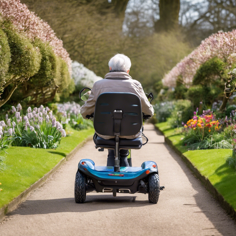 A person driving a folding mobility scooter through a UK botanical garden.