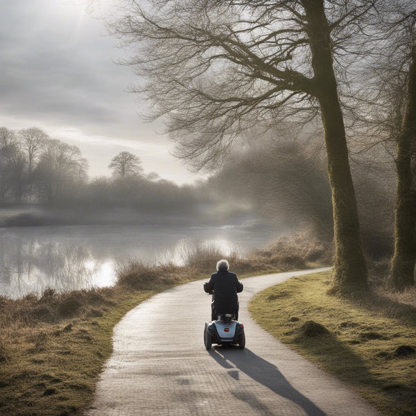 A person riding a scooter along a lakeside path, enjoying the scenic view of the tranquil lake.