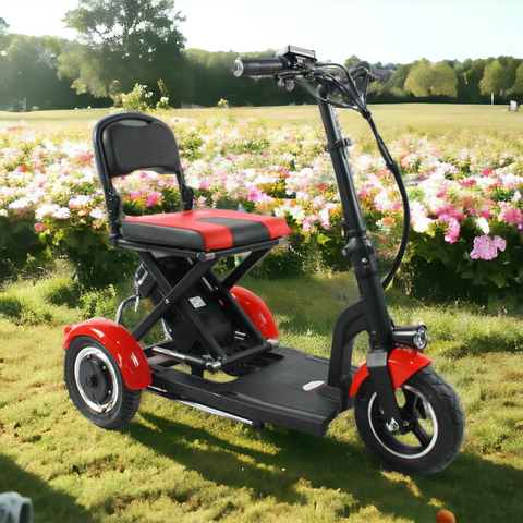 Lupin Folding Mobility Scooter in a spring field