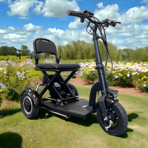 Ren Folding Mobility Scooter in a spring field