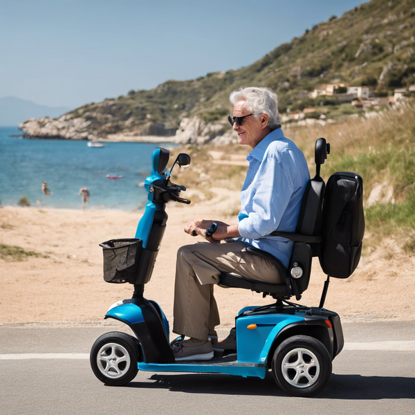 An elderly man rides a blue folding mobility scooter on holiday