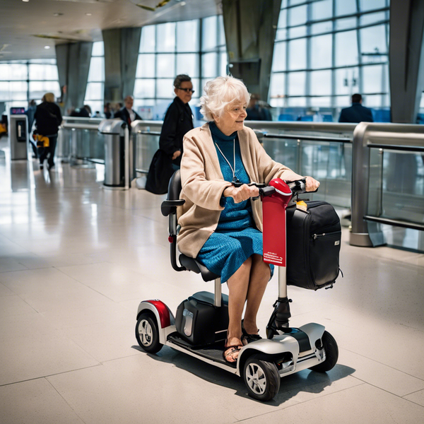 An elderly woman confidently rides a folding mobility scooter through the bustling airport,