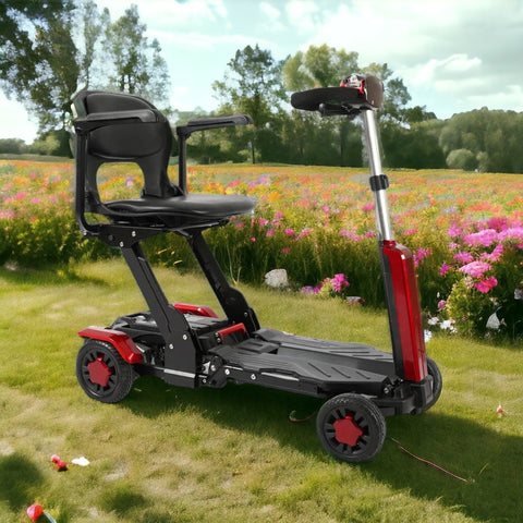 A Zinnia X automatic folding mobility scooter in a field with spring flowers.