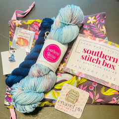 January 2023 hand dyed yarn subscription delivered monthly. Southern Stitch by Southern Skeins