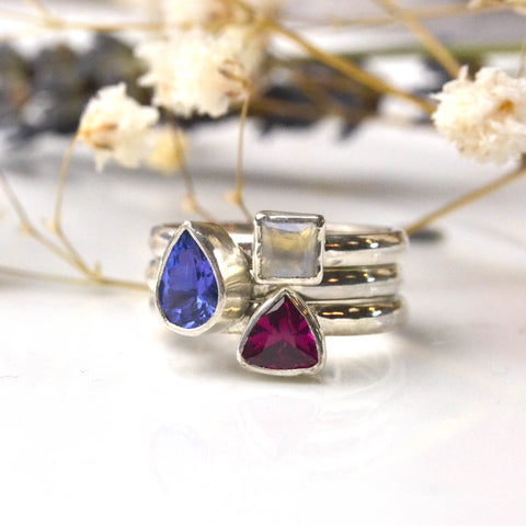 birthstone stacking ring set including a ruby octagon stone - birthstone for July