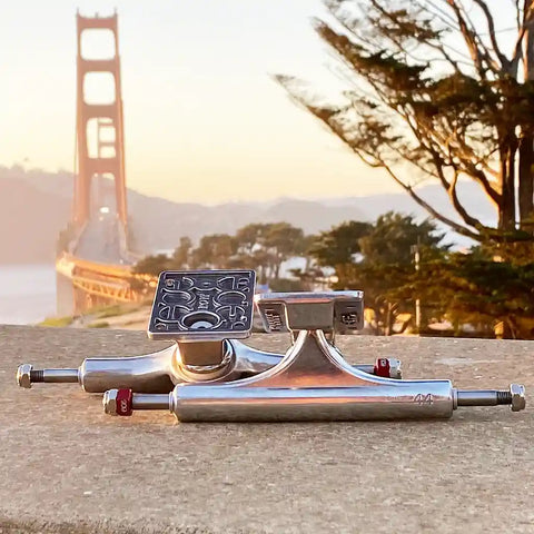 Set Of ACE AF1 Hollow Skateboard Trucks In Front Of Golden Gate Bridge