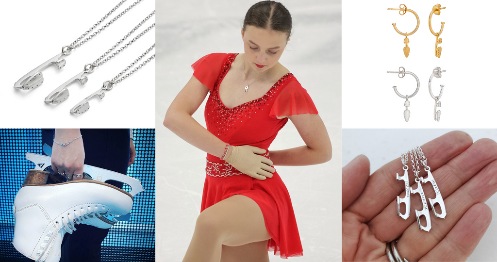 collage image of ice skating jewellery on hands and on a figure skater