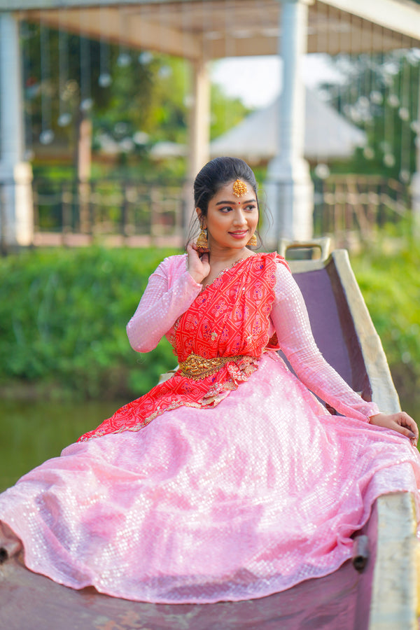 IZAH Designs - Cutie Ms Anjana in a traditional lehenga by Izah Designs for  her engagement..!!! Brocade weaving flaired skirt paired with a heavily  handworked croptop in antique gold tone bead embellishments.