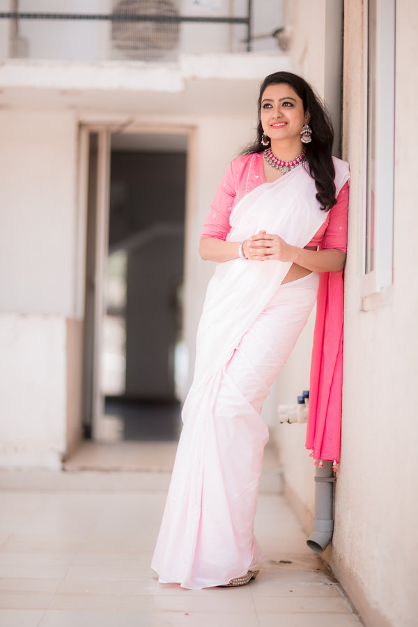 Pink mul cotton plain saree