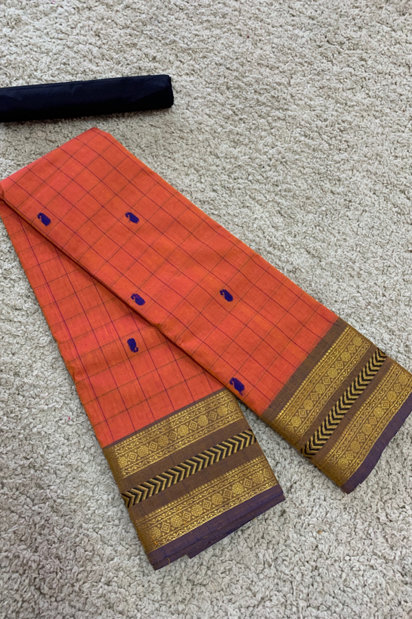 Orange checks chettinad cotton saree – YoshnasByEla