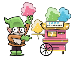 A gnome selling cotton candy, made from 100% unicorn hair!