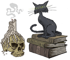 Candle, cat, book, and skull
