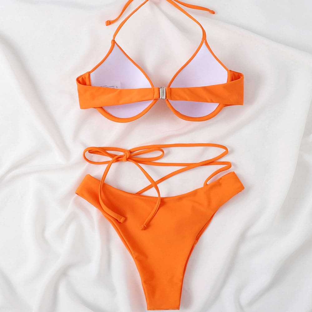Solid High Cut Underwire Halter Brazilian Bikini Swimsuit-Sunnybikinis