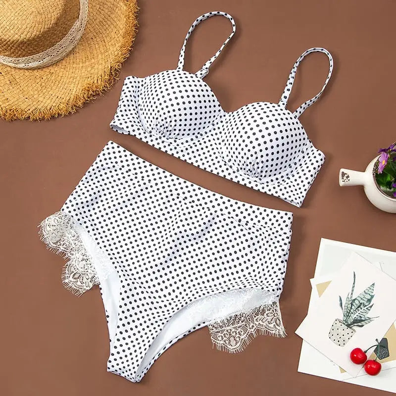 High Waisted Polka Dot Push Up Lace Bikini Swimsuit