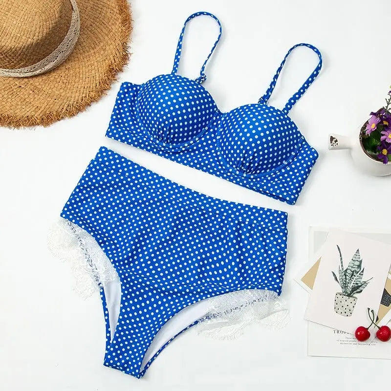 High Waisted Polka Dot Push Up Lace Bikini Swimsuit