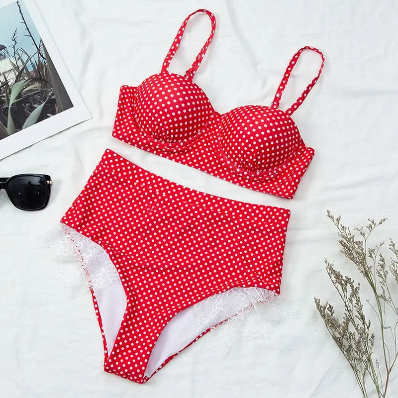 High Waisted Polka Dot Push Up Lace Bikini Swimsuit