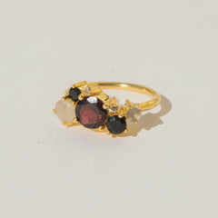 Pretend You're French Jewelled Ring in 14ct Gold Vermeil with Garnet, Grey Moonstone, Black Spinel, White Topaz.