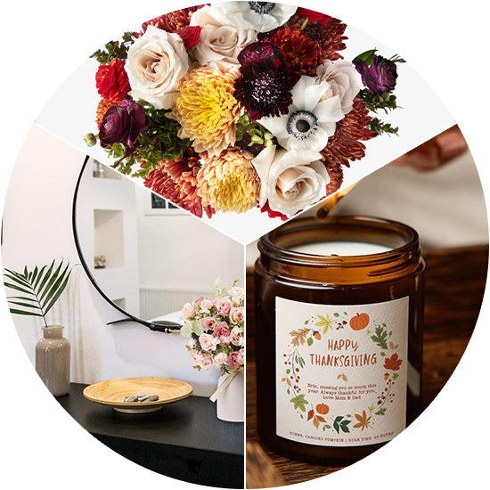  Thanksgiving gift ideas of flower bouquet, vase and candle