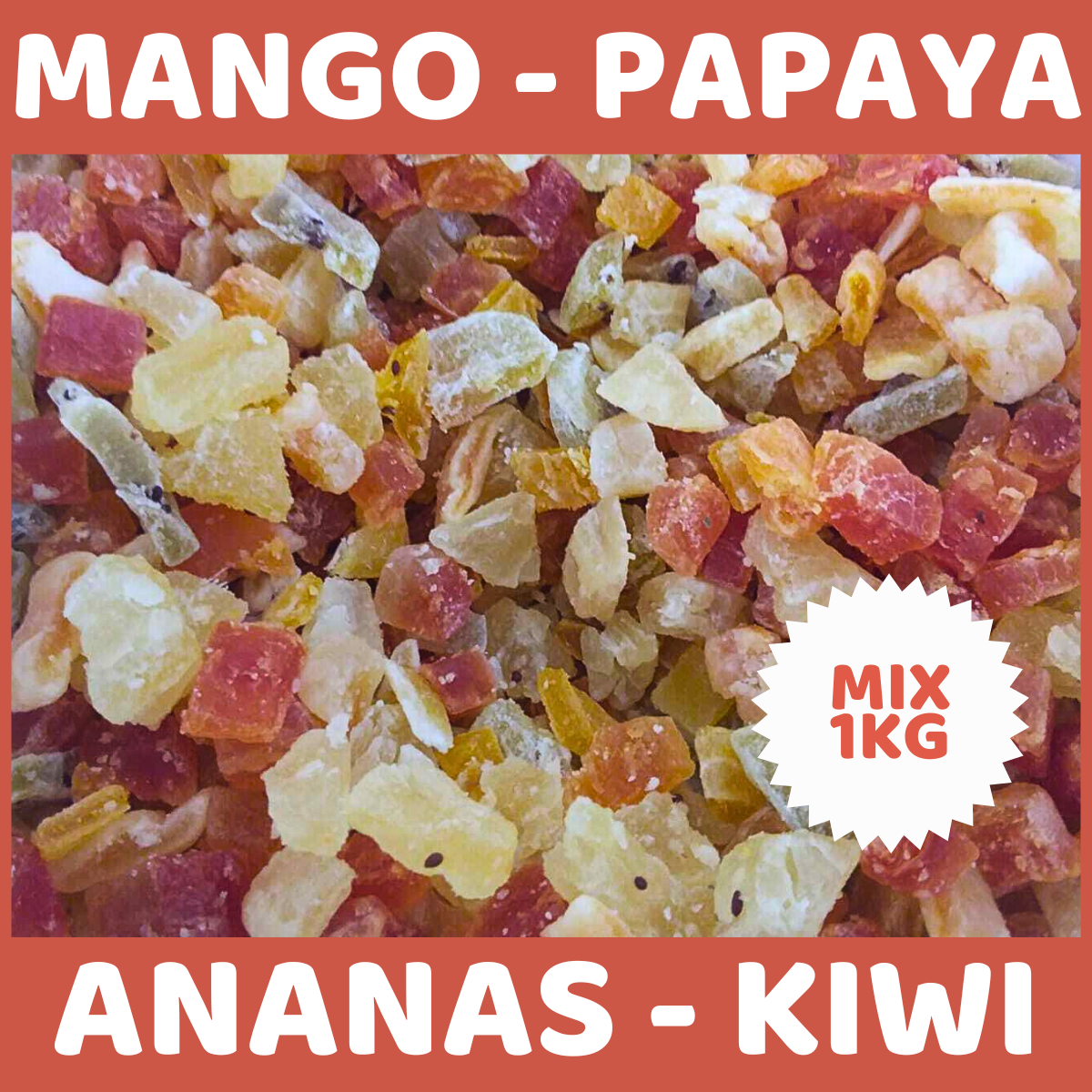 mix di mango, papaya, ananas, kiwi disidratati gusti d'aprile