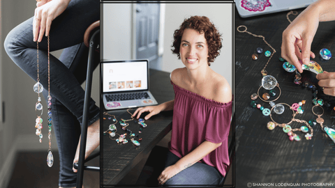 Three images, one of human legs and suncatcher prisms, the middle is amanda sitting at a table with a laptop computer and the third is amanda's hands building suncatcher prirms