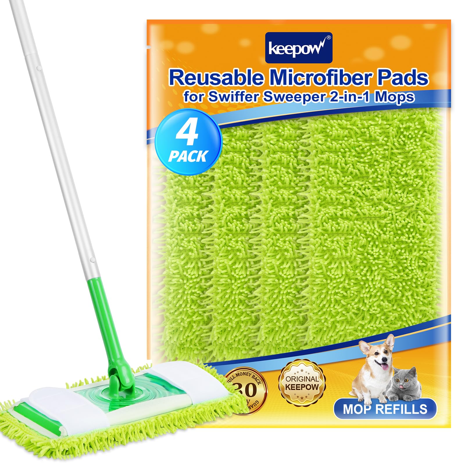 KEEPOW Reusable Microfiber Mop Pads Compatible with Swiffer Sweeper Mop, Washable Wet Mop Refills for Hardwood Floor Cleaning, 4 Pack (Mop is Not Included)