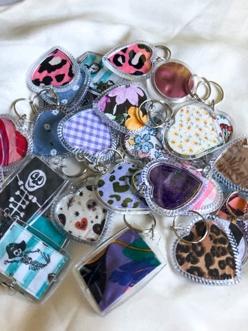 Handmade unique one of a kind fabric scrap, fabric busting keyrings