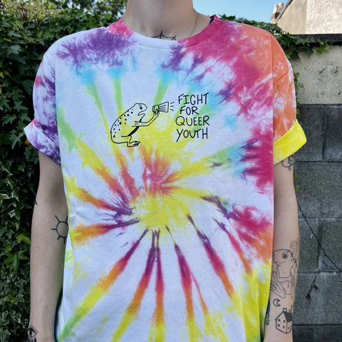 Rainbow tie dye on white t shirt, with black screenprinted outline of a toad with a megaphone and the quote “fight for queer youth”