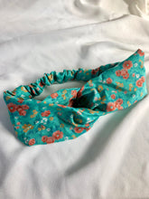 Load image into Gallery viewer, Turquoise and Coral Micro Floral Stretch Headband - deadstock
