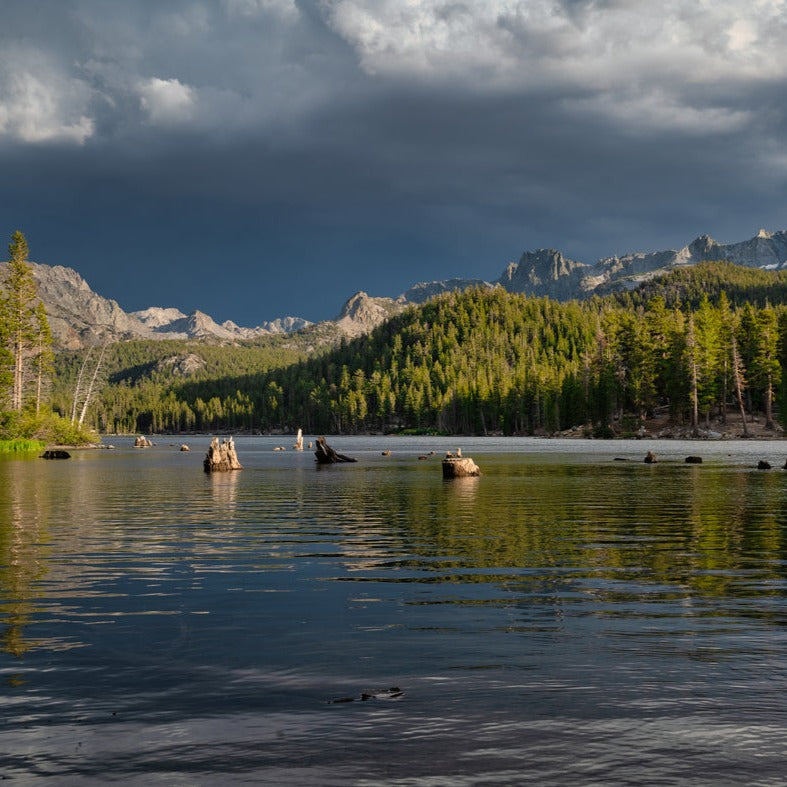 the grey clouds create stormy scenic afternoon on Lake Mary at Mammoth Lakes