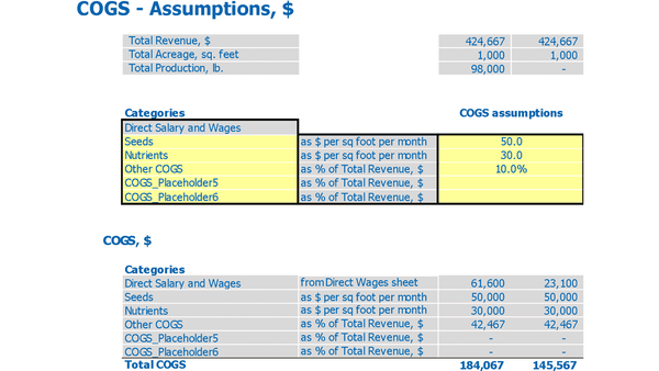 Cannabis Business Plan Financial Model Pro Forma Startup Budget COGS Inputs