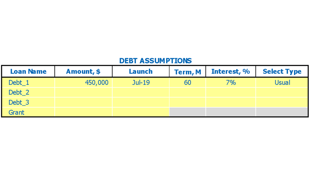 Donut Shop Business Plan Excel Template Debts Inputs