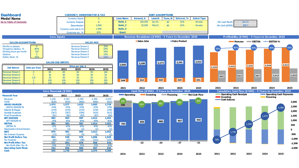 Panel de plantilla de Excel del plan financiero del Centro de Reiki