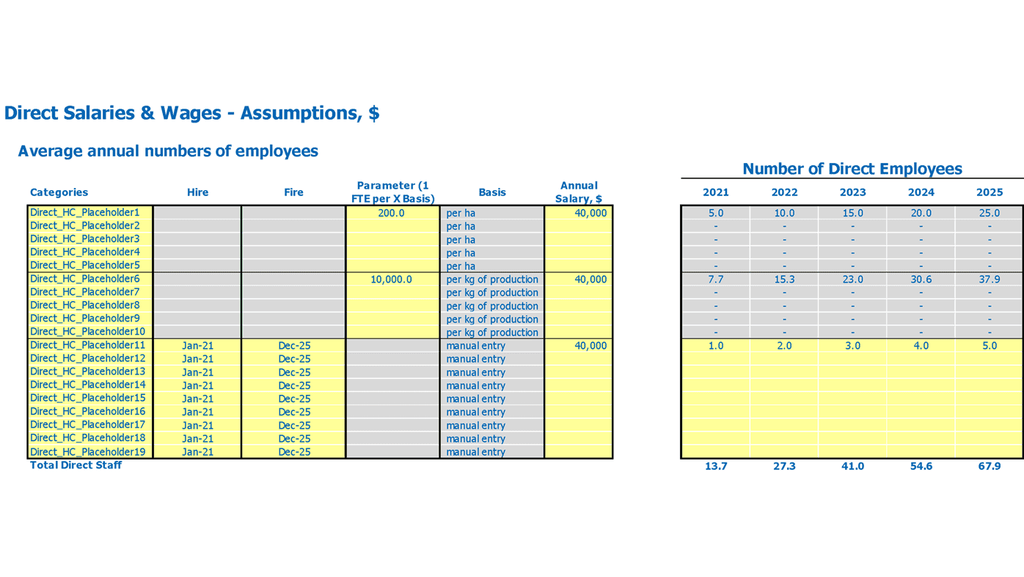 Plantilla de Excel del plan de negocios de cultivo de manzanas Supuestos de salarios directos