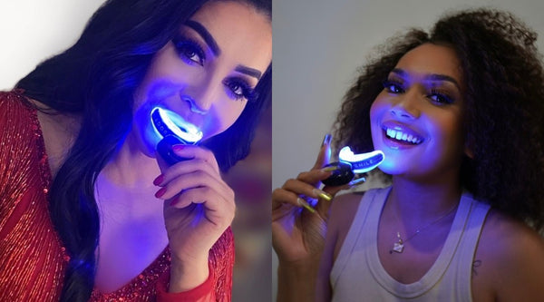 2 girl using teeth whitening kit
