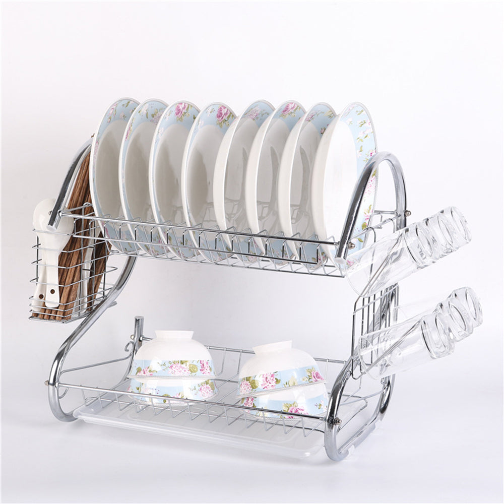 2 Tier Dish Drainer Rack with Drip Tray Draining Plate Bowl Rack