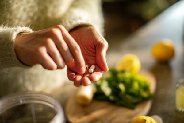 Suplementos alimenticios; imagen de manos sosteniendo sus suplementos previo a consumirlos