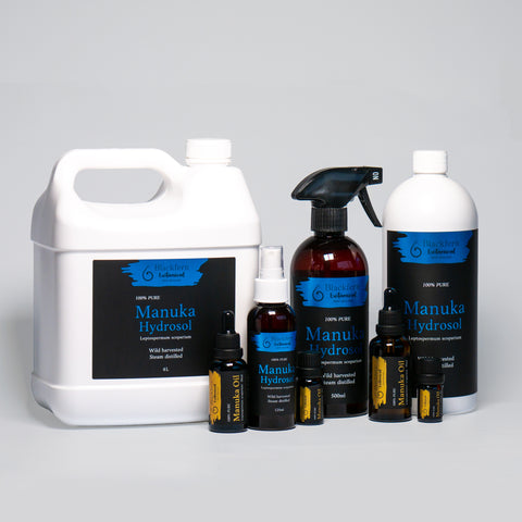 Discover our range of M%u0101nuka oil and hydrosol in various sizes, designed to cater to your individual needs. Experience the natural benefits of M%u0101nuka, captured in sustainable packaging with a sleek grey backdrop.